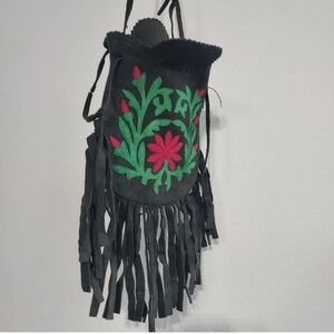 Vintage Leather Fringe Western Purse Suede Floral Applique Crossbody Fairy Bag